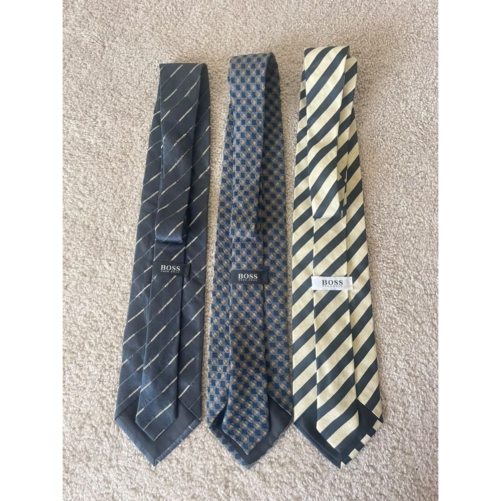 Hugo Boss Mens Silk Necktie Lot of 3 Made in Italy Striped Geometric Blue Gold